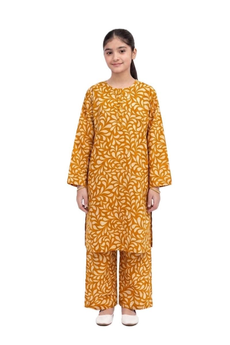 Plum Khaddar Mustard Colour printed White Patterns with Mustard buttons on 2pc stitched suit for Girls. thumbnail