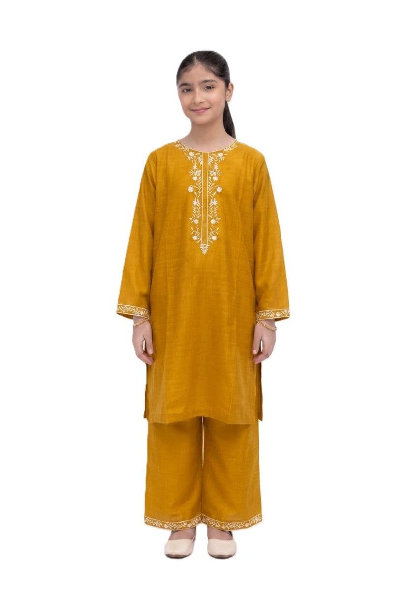 Plum Khaddar Mustard Colour embroidered with Light Mustard threads on 2pc stitched suit for Girls. thumbnail