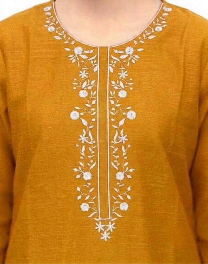Plum Khaddar Mustard Colour embroidered with Light Mustard threads on 2pc stitched suit for Girls. thumbnail