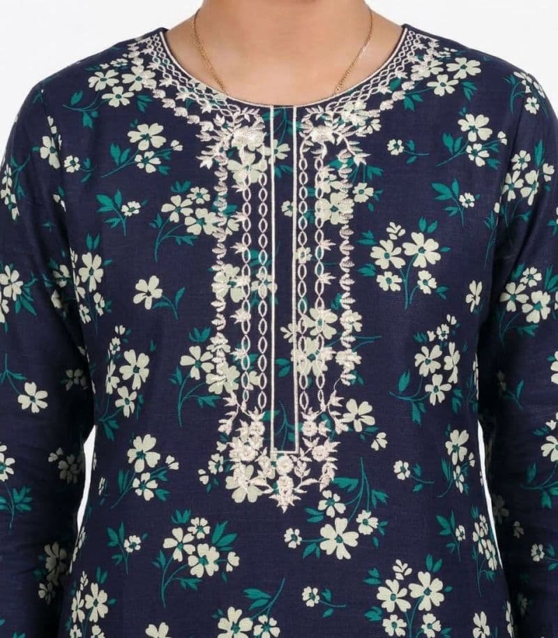 Plum Khaddar Blue Colour printed White Green Flowers embroidered with White threads on 2pc stitched suit for Girls