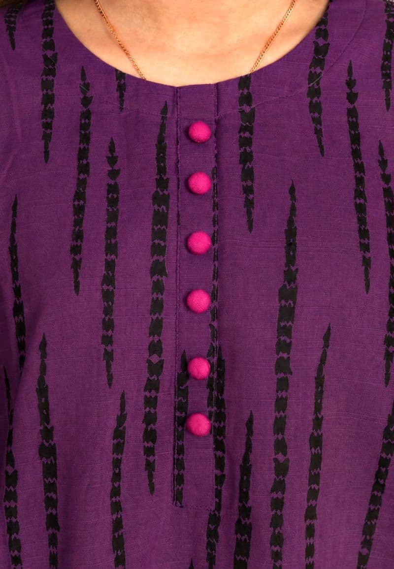 Plum Khaddar Dark Purple colour printed Black Patterns with Purple buttons on 2pc stitched suit for Girls.