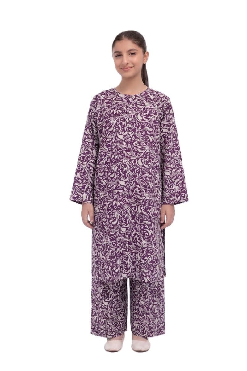 Plum Khaddar Purple Colour Printed White Patterns with White Buttons on 2pc stitched suit for Girls. thumbnail