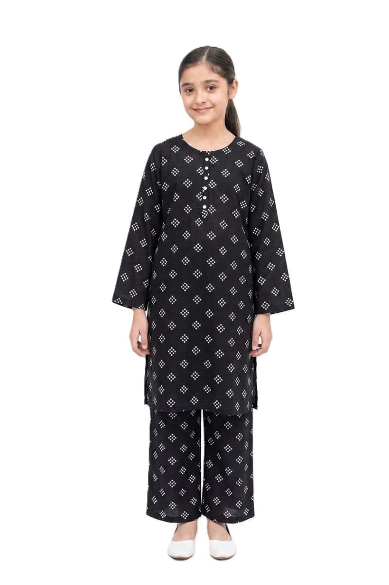 Plum Lilen (imported fabric) Black Colour White Patterns with White buttons on 2pc stitched suit for Girls. thumbnail