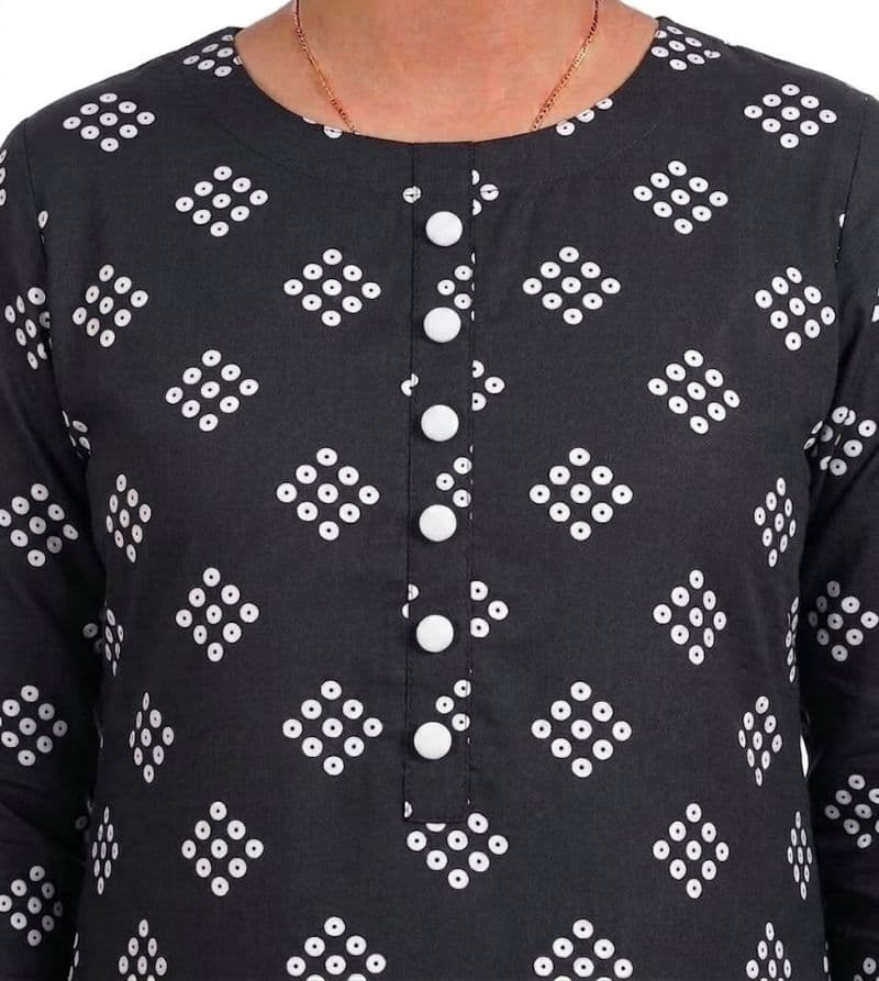 Plum Lilen (imported fabric) Black Colour White Patterns with White buttons on 2pc stitched suit for Girls. thumbnail