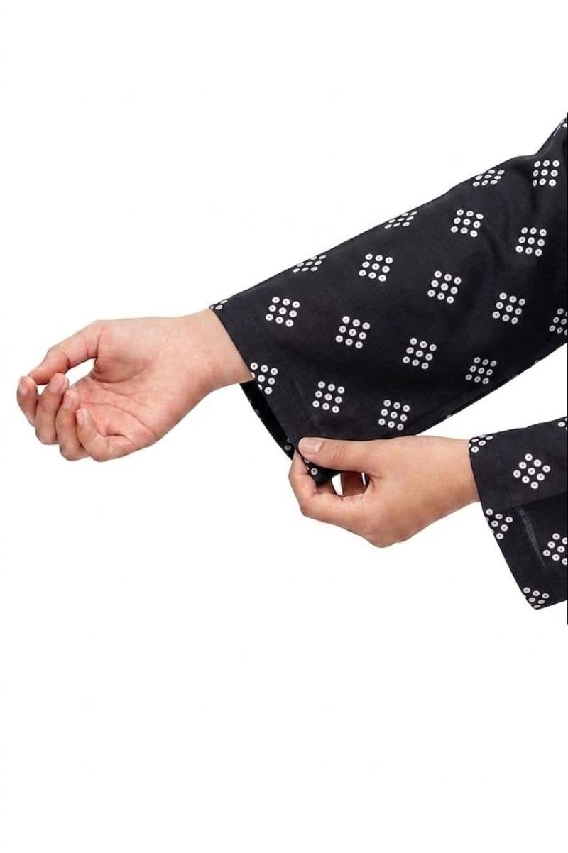 Plum Lilen (imported fabric) Black Colour White Patterns with White buttons on 2pc stitched suit for Girls. thumbnail