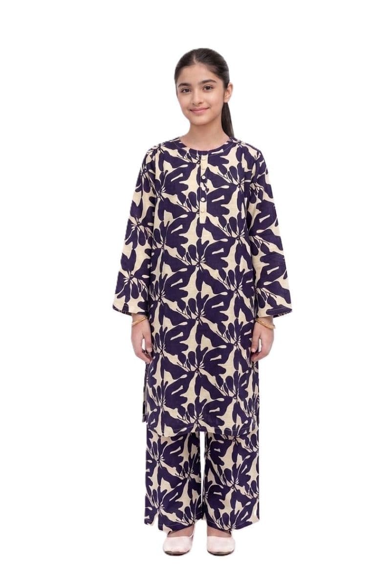 Plum Khaddar Off-White colour printed Blue Flowers with Off White buttons on 2pc stitched suit for Girls.