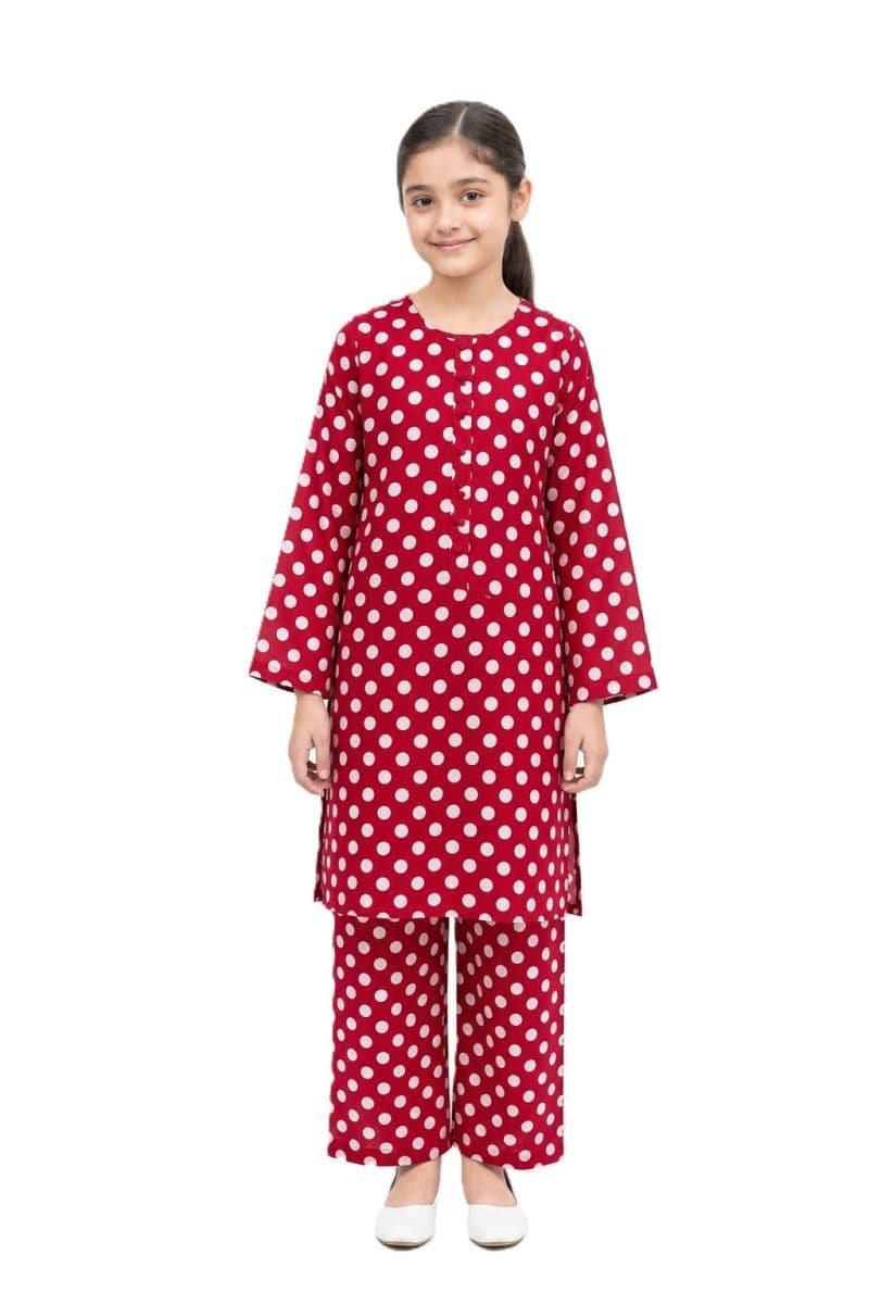 Plum Khaddar Pink colour printed White Dots with Pink buttons on 2pc stitched suit for Girls. thumbnail
