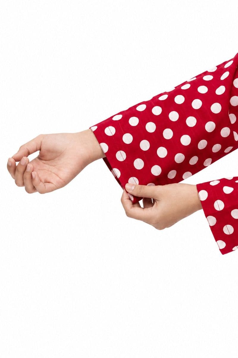 Plum Khaddar Pink colour printed White Dots with Pink buttons on 2pc stitched suit for Girls. thumbnail