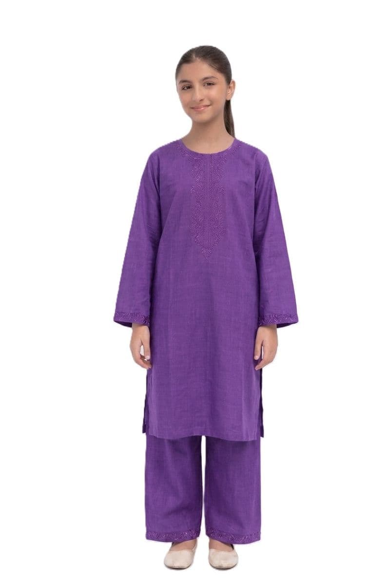Plum Khaddar Purple Colour embroidered with Light Purple threads on 2pc stitched suit for Girls. thumbnail