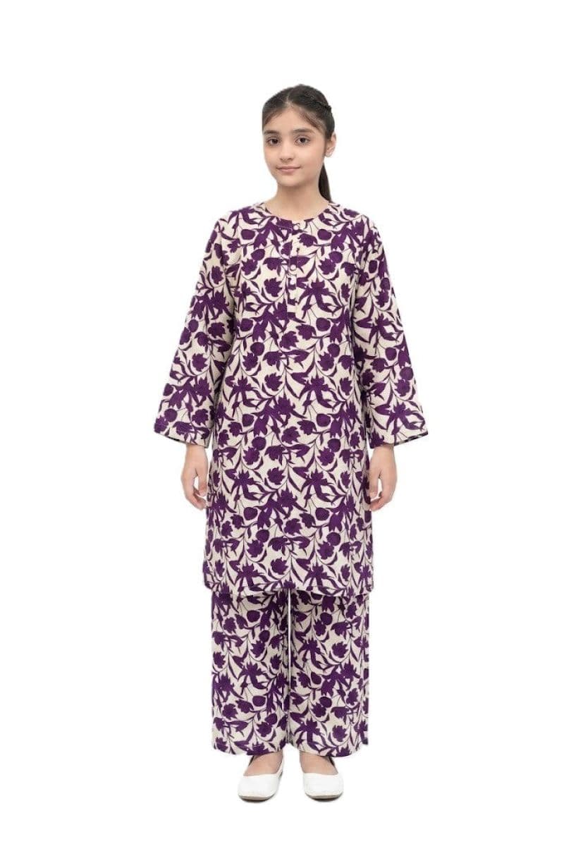 Plum Khaddar Off White colour printed Purple Flowers with Off White buttons on 2pc stitched suit for Girls