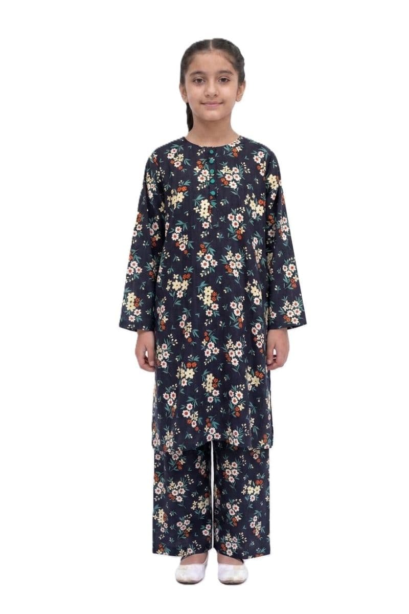 Plum Khaddar Black colour printed Green Red White Flowers with Green buttons 2pc stitched suit for Girls thumbnail
