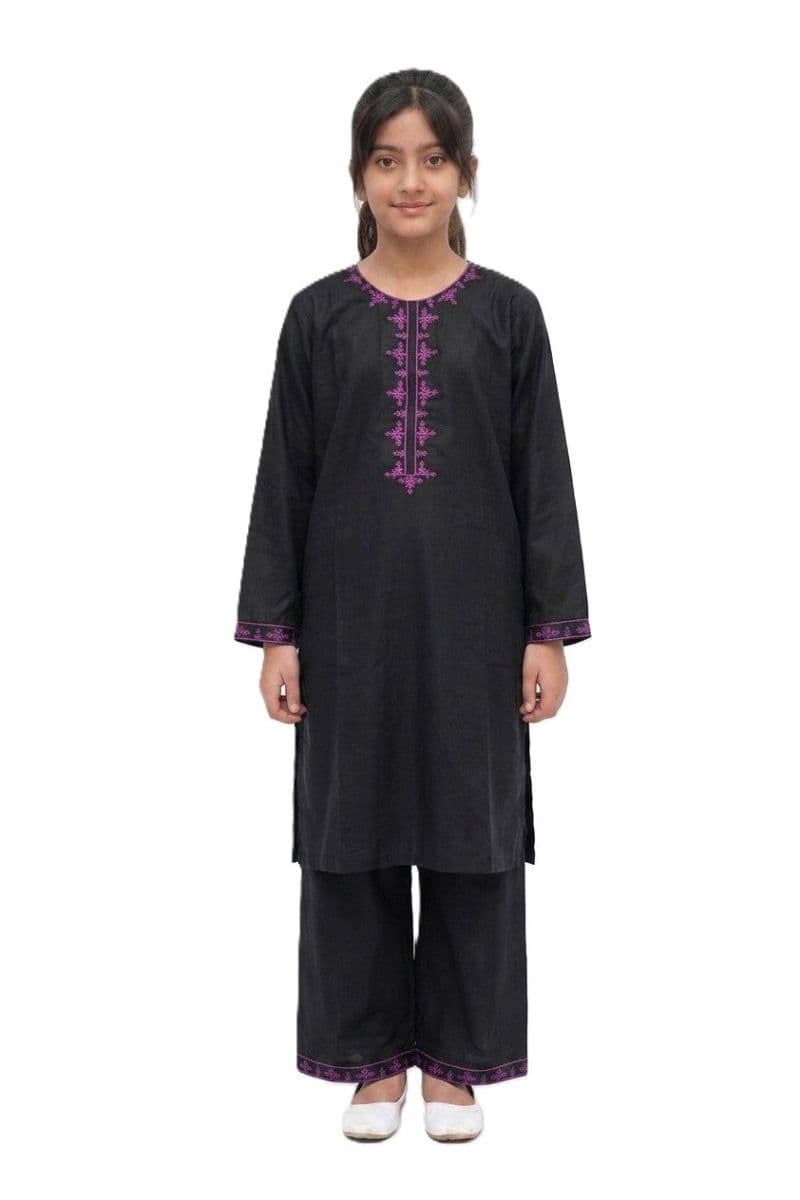 Plum Khaddar Black colour embroidered with Purple threads on 2pc stitched suit for Girls. thumbnail