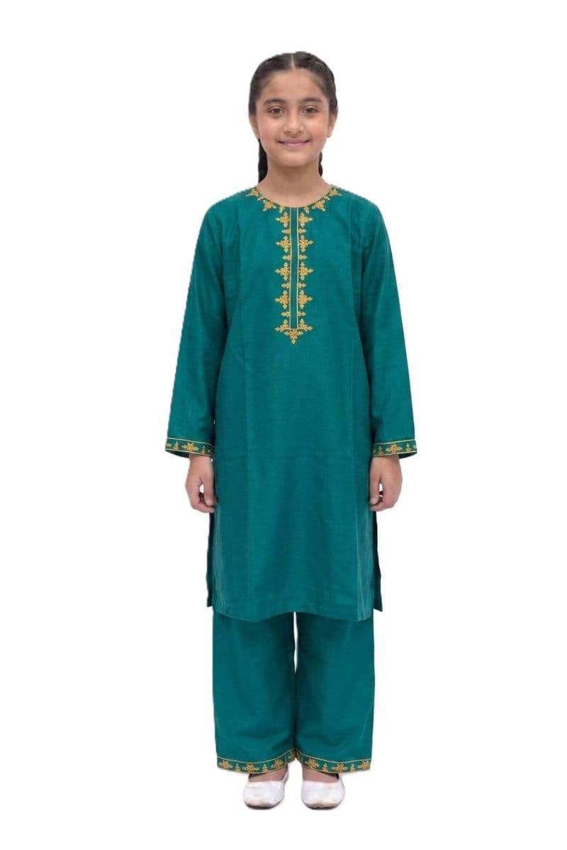 Plum Khaddar Teal colour embroidered with Yellow threads on 2pc stitched suit for Girls. thumbnail