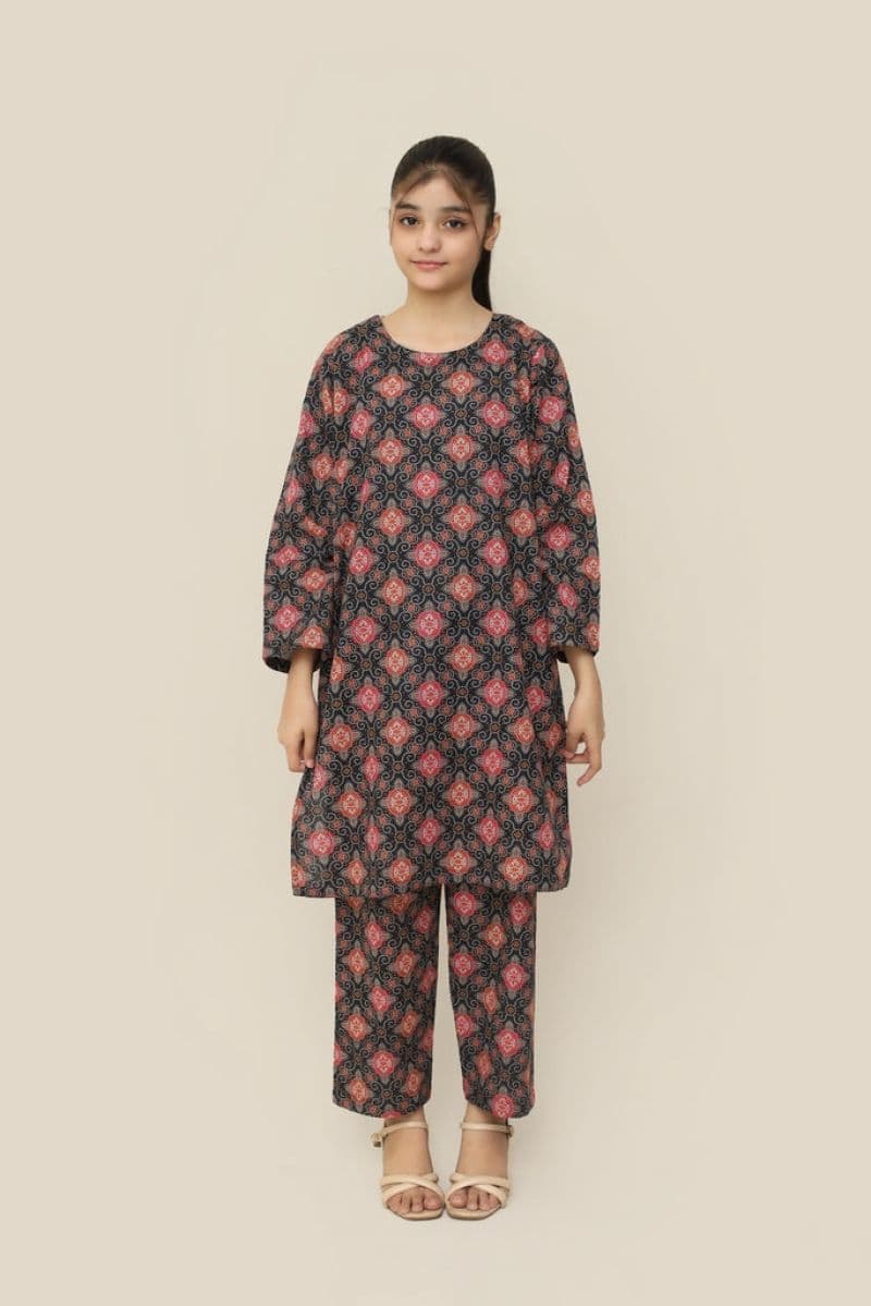 Plum Premium Khaddar Black Colour Printed Red Yellow White Patterns On 2 pc Stitched suit For Girls thumbnail