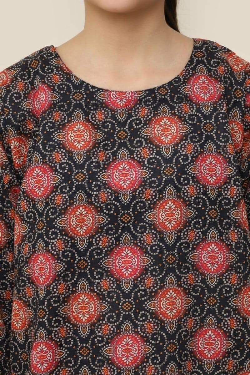 Plum Premium Khaddar Black Colour Printed Red Yellow White Patterns On 2 pc Stitched suit For Girls thumbnail