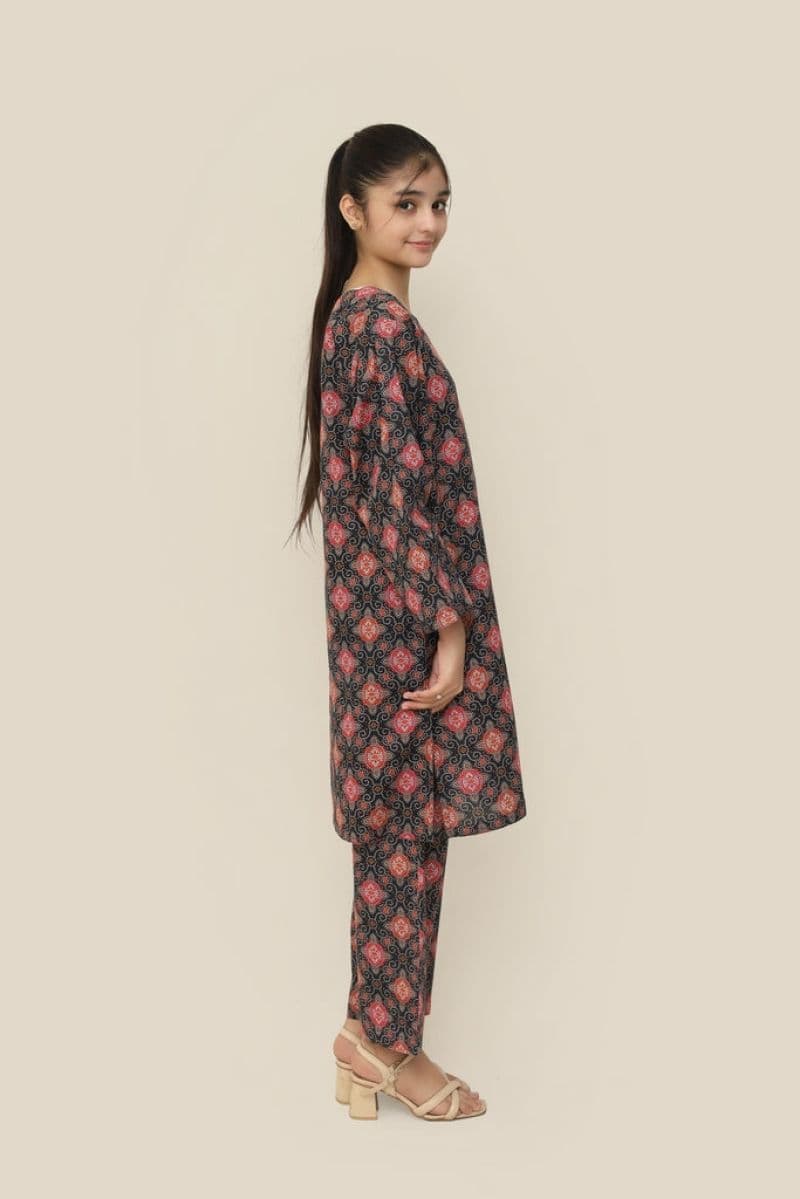 Plum Premium Khaddar Black Colour Printed Red Yellow White Patterns On 2 pc Stitched suit For Girls thumbnail