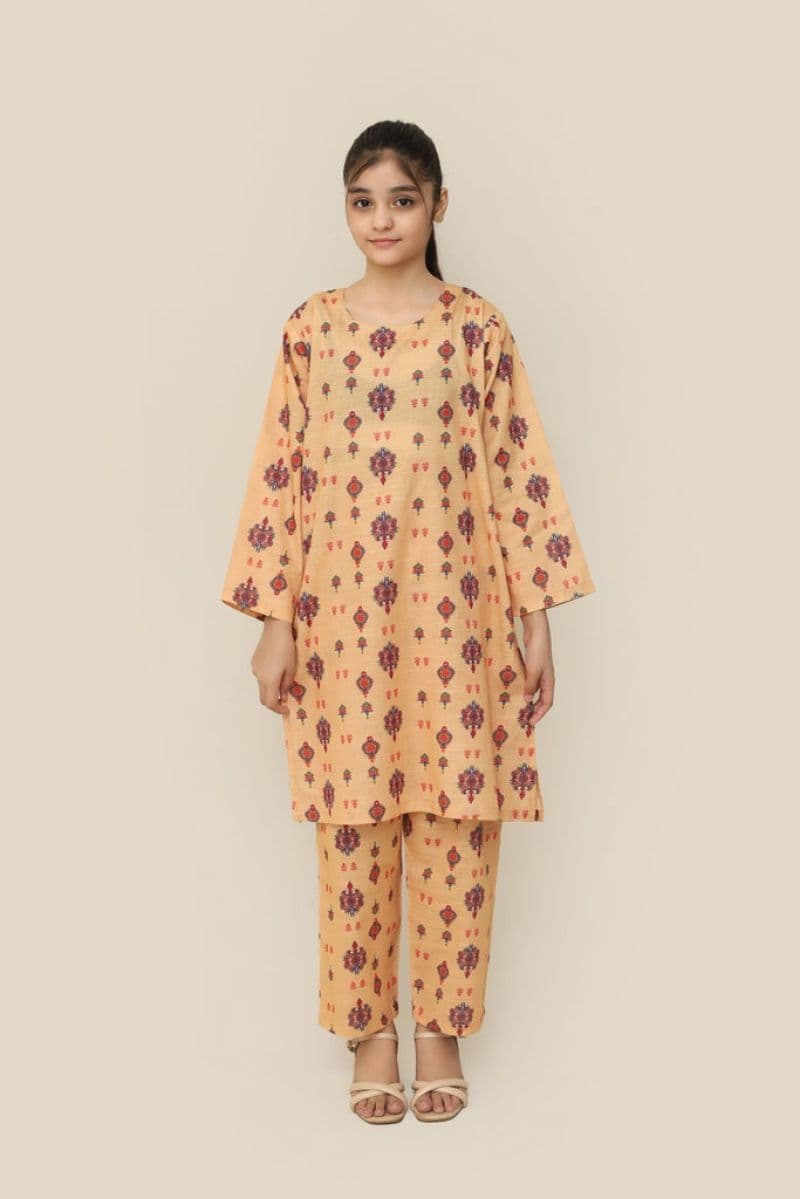 Plum Premium Khaddar Yellow Colour Printed Red Blue Yellow Patterns On 2 pc Stitched suit For Girls thumbnail