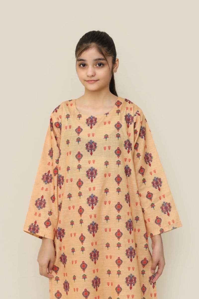 Plum Premium Khaddar Yellow Colour Printed Red Blue Yellow Patterns On 2 pc Stitched suit For Girls thumbnail