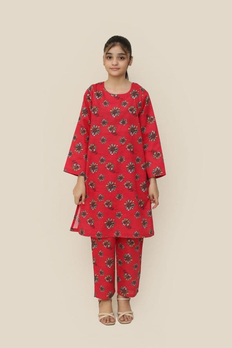 Plum Premium Khaddar Red Colour Printed Pink Blue White Flowers On 2 pc Stitched suit For Girls thumbnail
