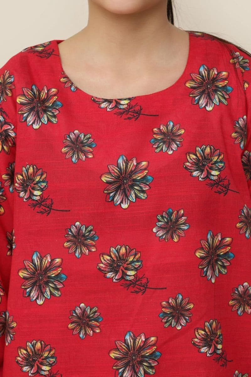 Plum Premium Khaddar Red Colour Printed Pink Blue White Flowers On 2 pc Stitched suit For Girls thumbnail