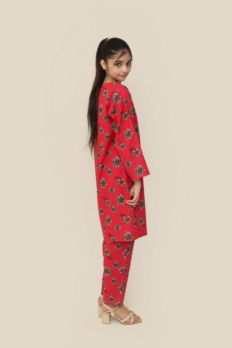Plum Premium Khaddar Red Colour Printed Pink Blue White Flowers On 2 pc Stitched suit For Girls thumbnail