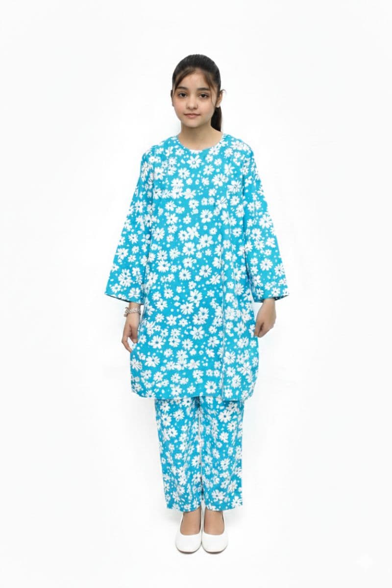 Plum Khaddar Navy Blue colour printed Mustard Yellow Flowers with Blue buttons on 2pc stitched suit for Girls thumbnail
