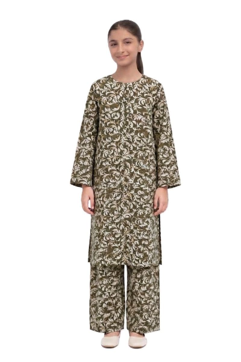 Plum Khaddar Olive Colour Printed White Patterns with Olive Buttons on 2pc stitched suit for Girls. thumbnail