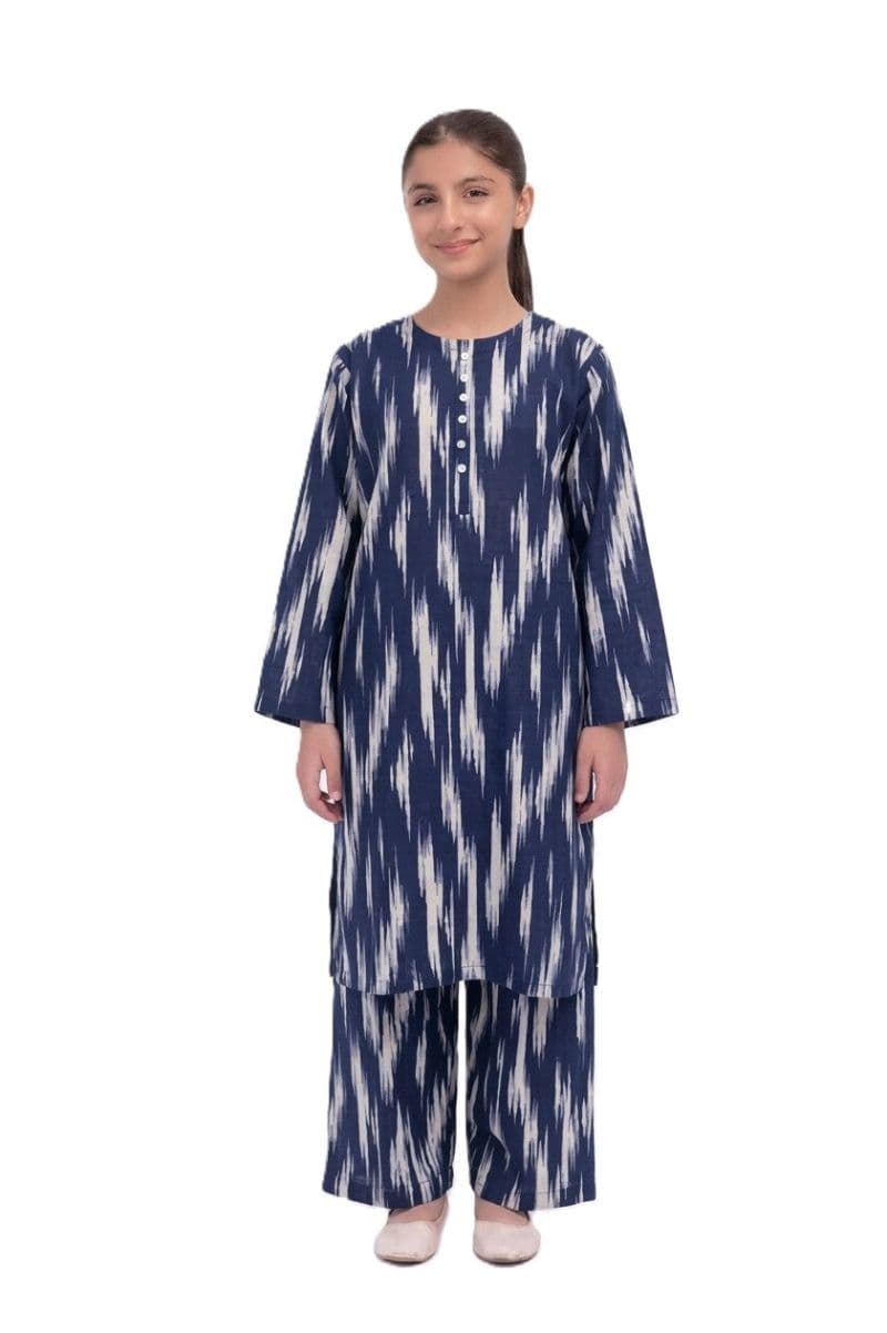 Plum Khaddar Blue Colour Printed White Patterns with White Buttons on 2pc stitched suit for Girls.