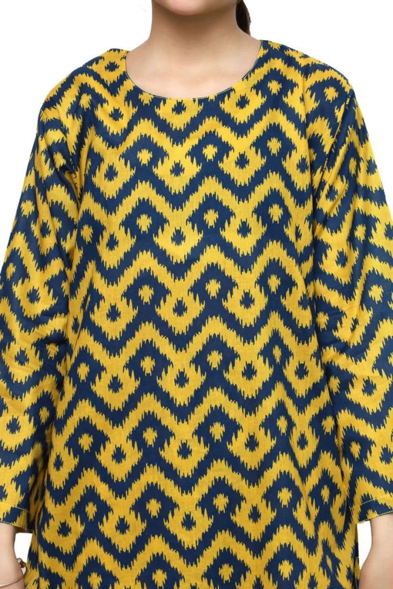 Plum Digital Lawn Yellow Colour Blue Patterns on 2 Pc stitched suit for Girls