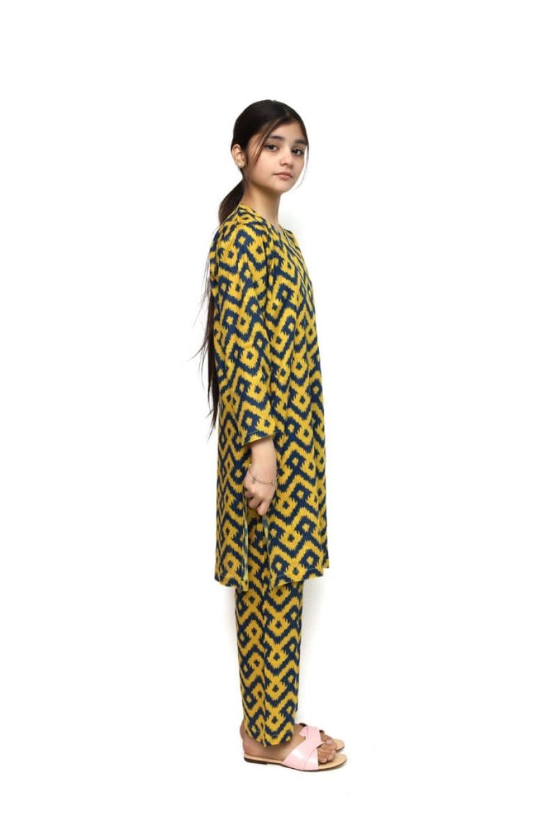 Plum Digital Lawn Yellow Colour Blue Patterns on 2 Pc stitched suit for Girls