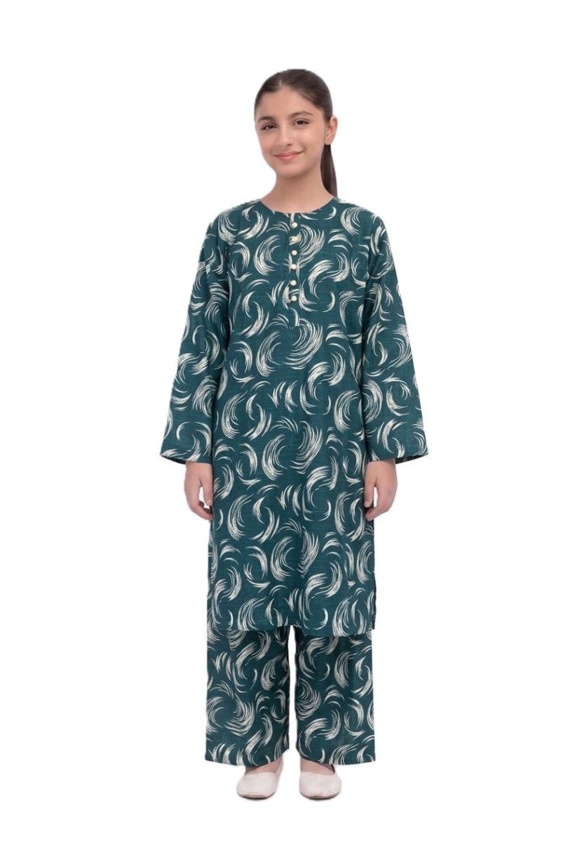 Plum Khaddar Teal Colour Printed White Patterns with White Buttons on 2pc stitched suit for Girls. thumbnail
