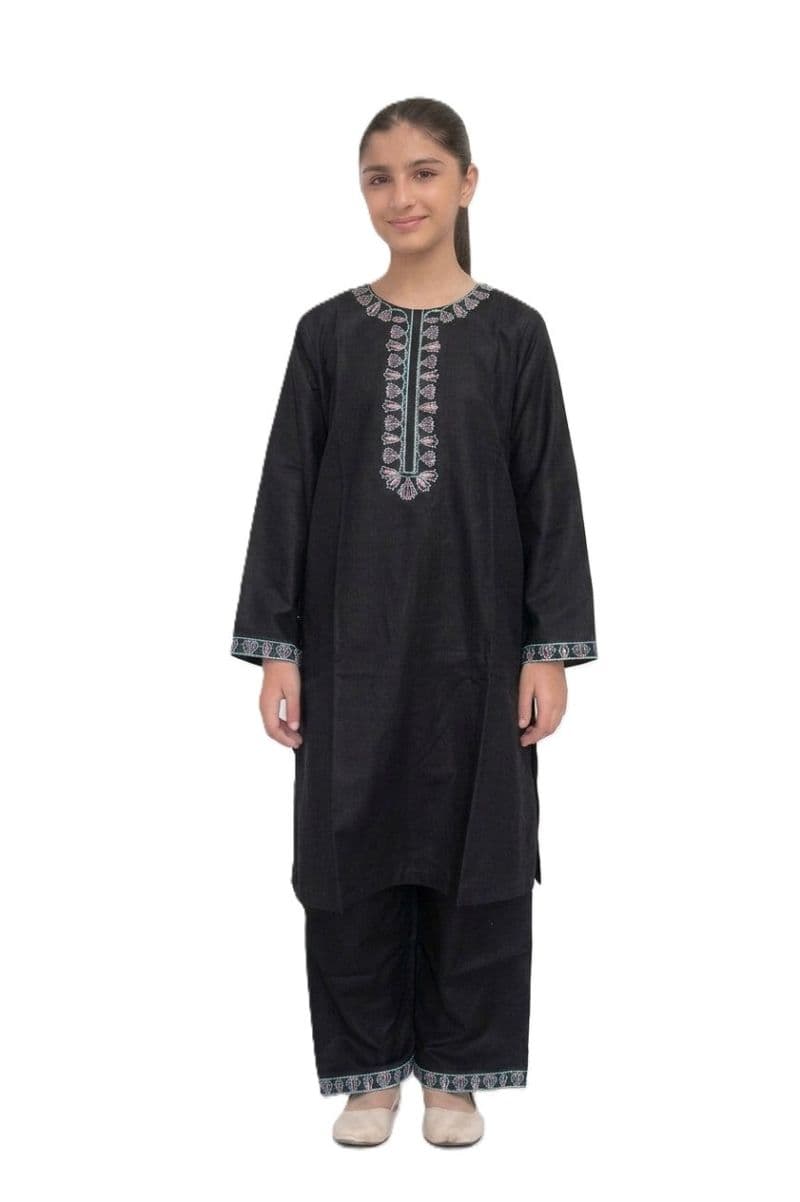 Plum Khaddar Black Colour embroidered with Green & Pink threads on 2pc stitched suit for Girls.