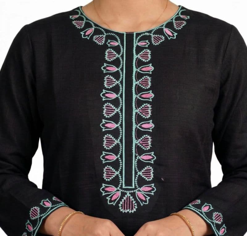 Plum Khaddar Black Colour embroidered with Green & Pink threads on 2pc stitched suit for Girls.
