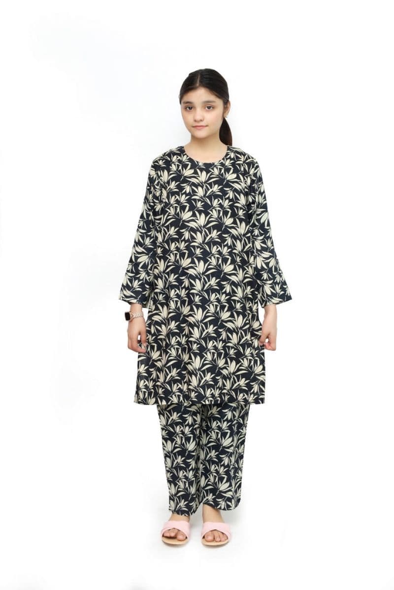 Plum Digital Lawn Black Colour Printed Beige Leaves on 2 Pc stitched suit for Girls.