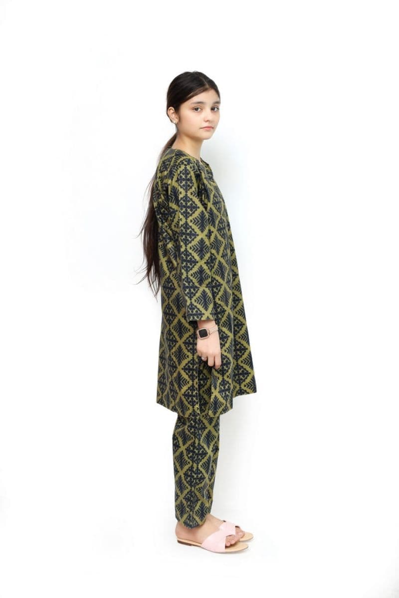 Plum Digital Lawn Olive Colour Printed Dark Blue Patterns on 2 Pc stitched suit for Girls.