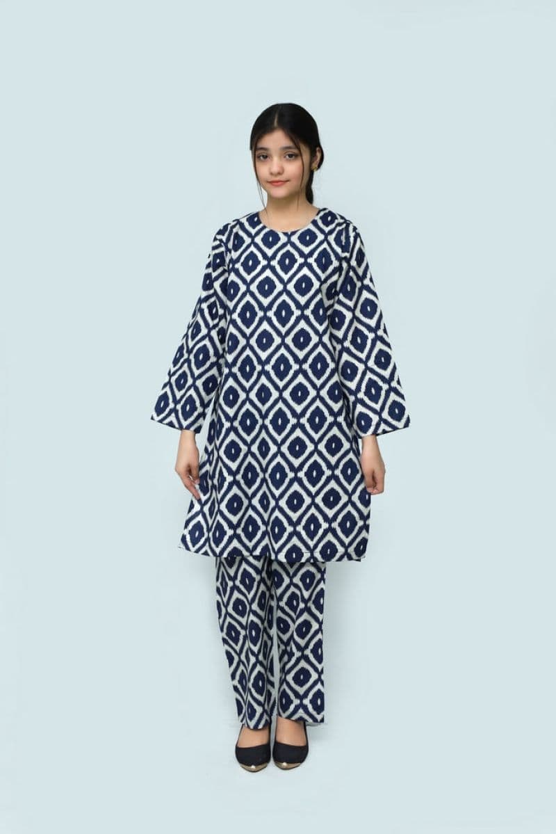 Plum Digital Lawn White Colour Printed Blue Patterns On 2 Pc stitched suit for Girls.