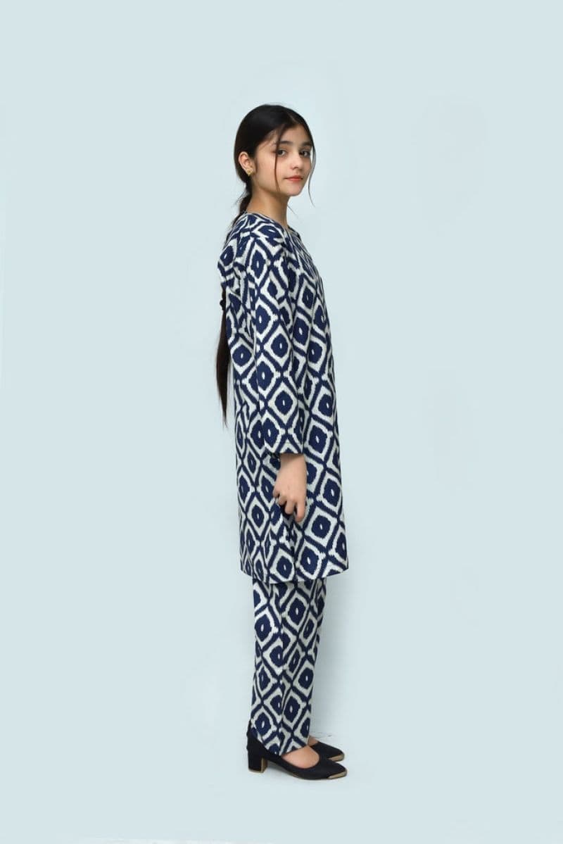 Plum Digital Lawn White Colour Printed Blue Patterns On 2 Pc stitched suit for Girls.