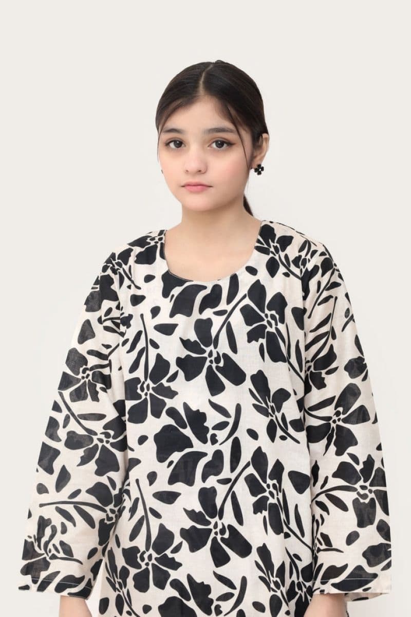 Plum Lilen (imported fabric) Purple Colour printed White patterns with White buttons on 2pc stitched suit for Girls. thumbnail