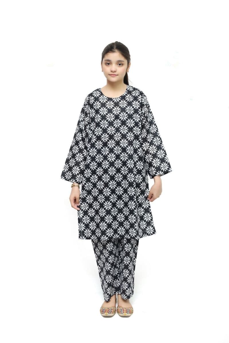 Plum Digital Lawn Black Color Printed White Patterns On 2 Pc stitched suit for Girls