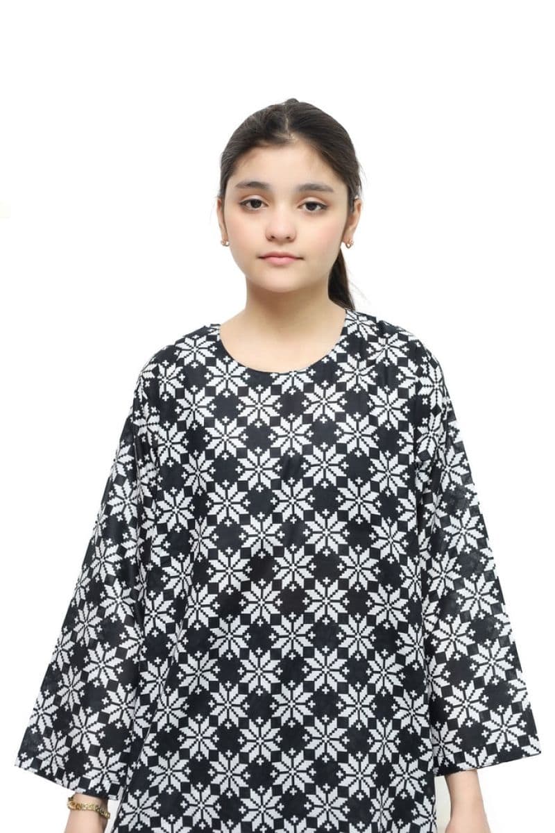 Plum Digital Lawn Black Color Printed White Patterns On 2 Pc stitched suit for Girls