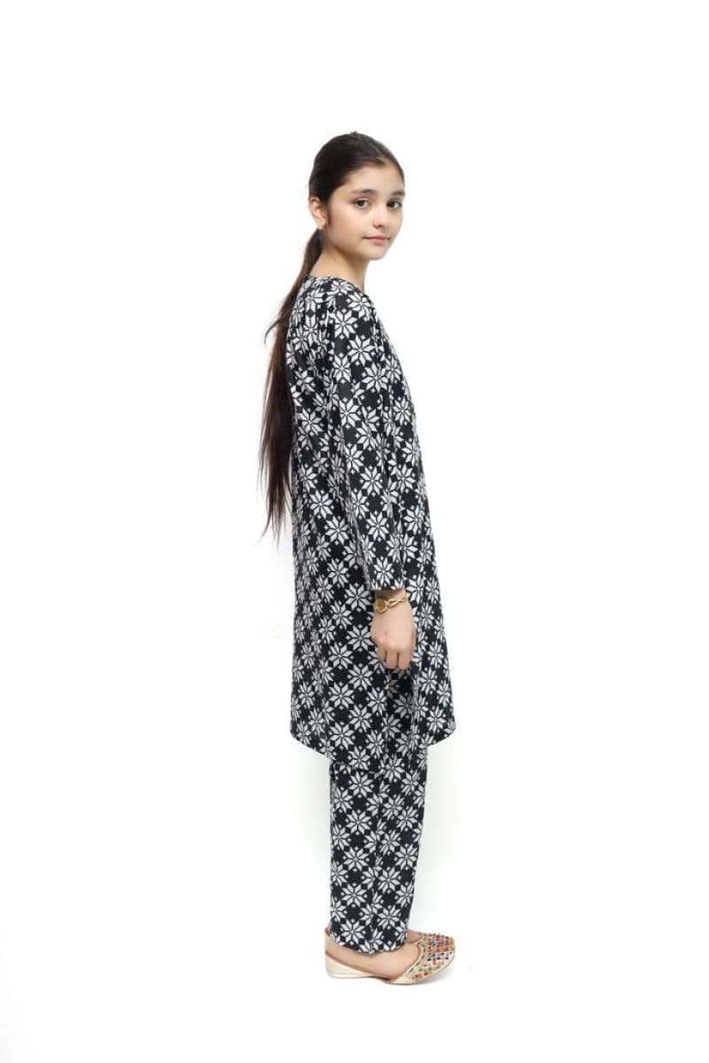 Plum Digital Lawn Black Color Printed White Patterns On 2 Pc stitched suit for Girls