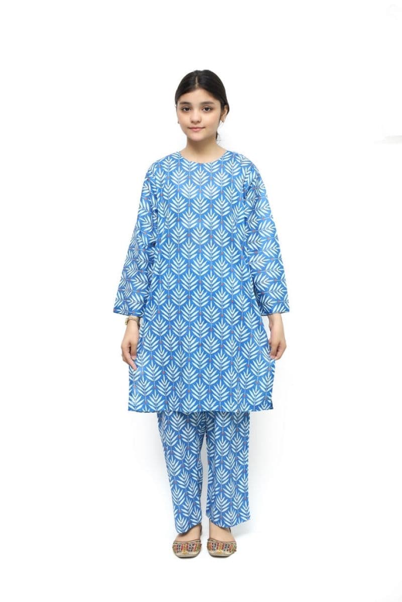 Plum Khaddar Pink colour printed Sky Blue & Green Flowers with Pink buttons on 2pc stitched suit for Girls