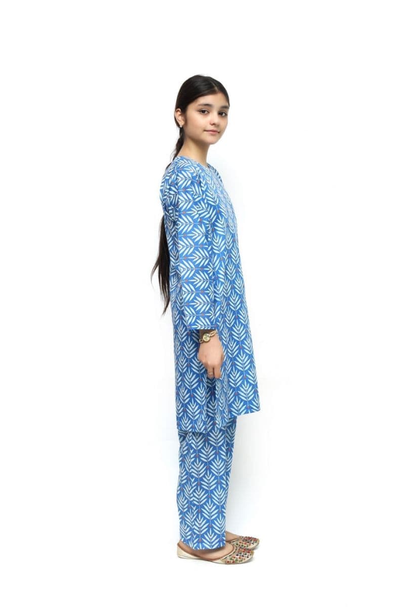 Plum Khaddar Pink colour printed Sky Blue & Green Flowers with Pink buttons on 2pc stitched suit for Girls