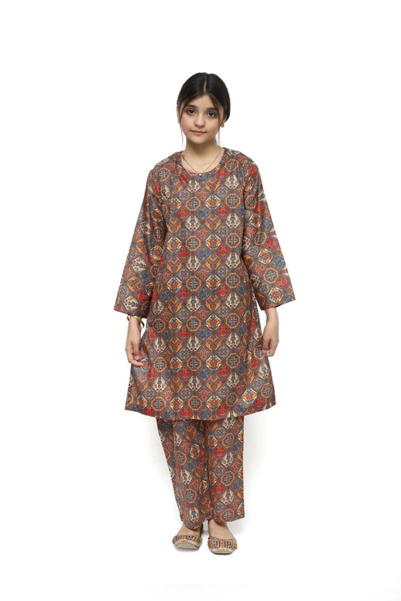 Plum Digital Lawn Yellow Red White Multi-Coloured  Patterns On 2 Pc stitched suit for Girls.