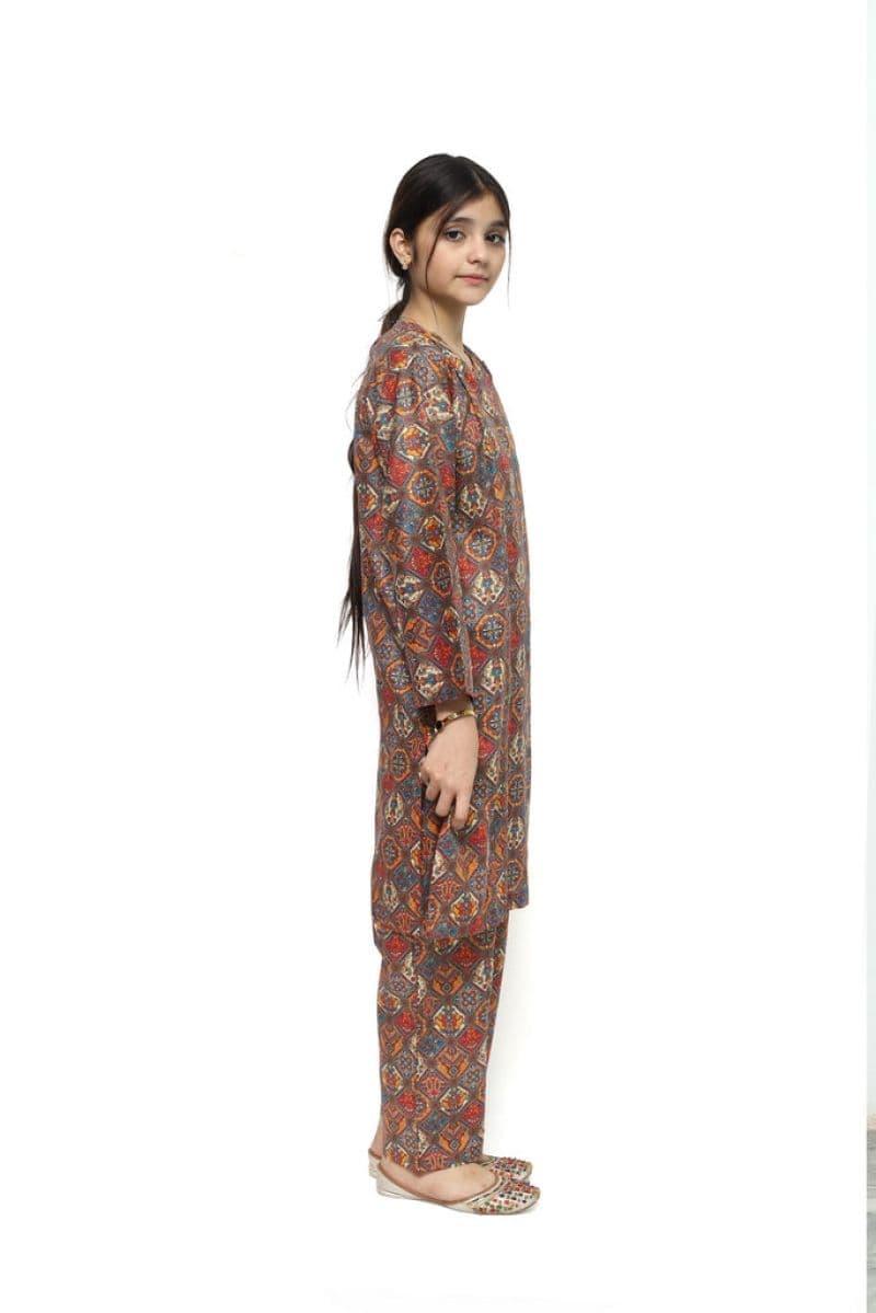 Plum Digital Lawn Yellow Red White Multi-Coloured  Patterns On 2 Pc stitched suit for Girls.