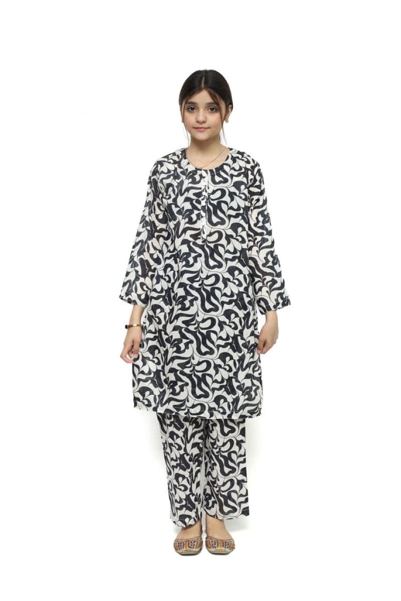 Plum Digital Lawn Black & White Patterns with White buttons On 2 Pc stitched suit for Girls.