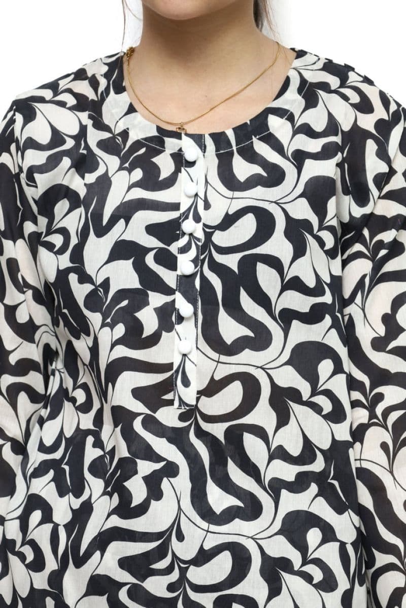 Plum Digital Lawn Black & White Patterns with White buttons On 2 Pc stitched suit for Girls.