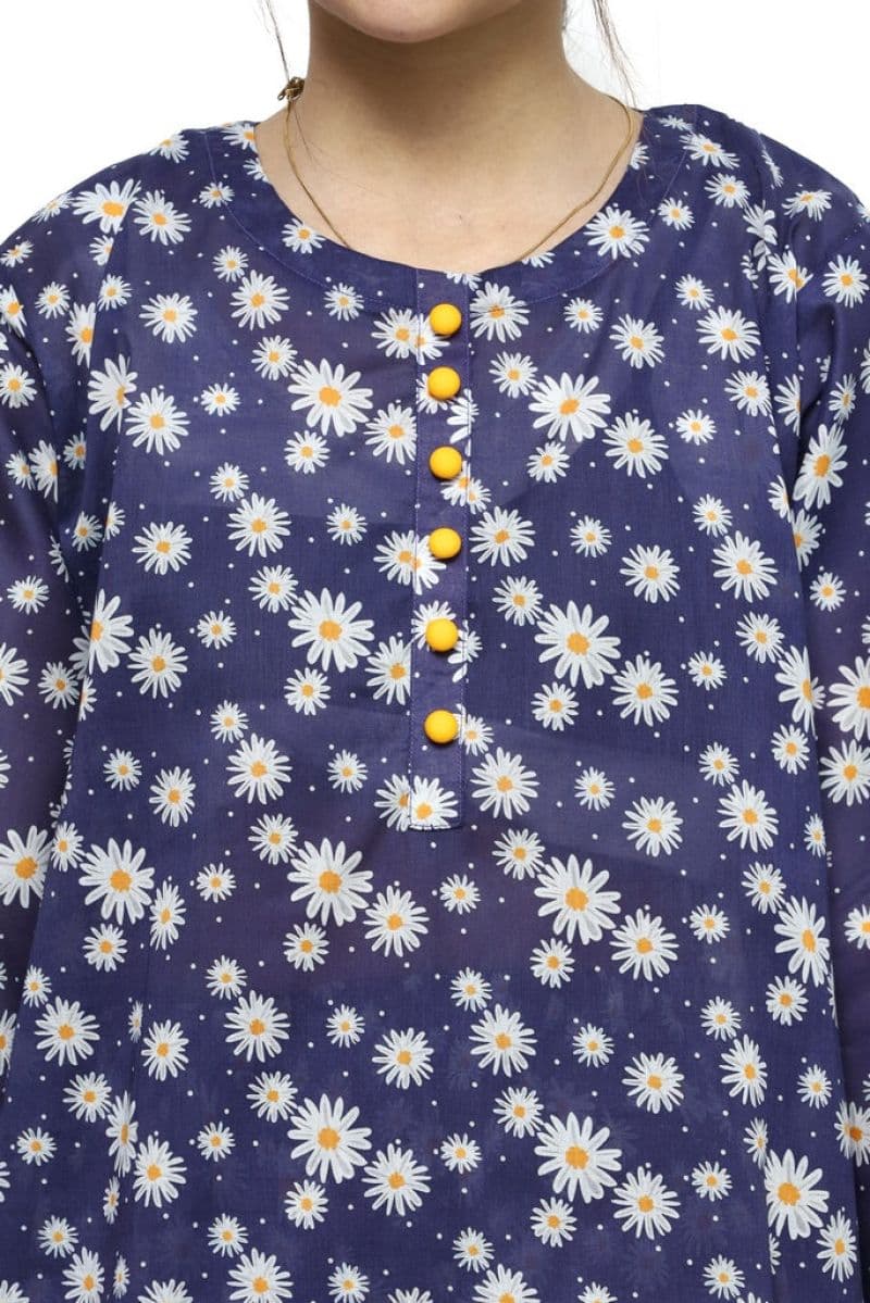 Plum Digital Lawn Navy Blue Colour Printed White Yellow Flowers with Yellow buttons On 2 Pc stitched suit for Girls.