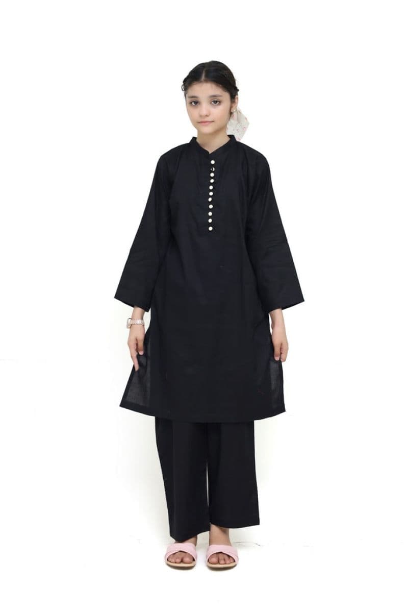 Plum 100% Lawn Black Colour with Beige buttons On 2 Pc stitched suit for Girls.