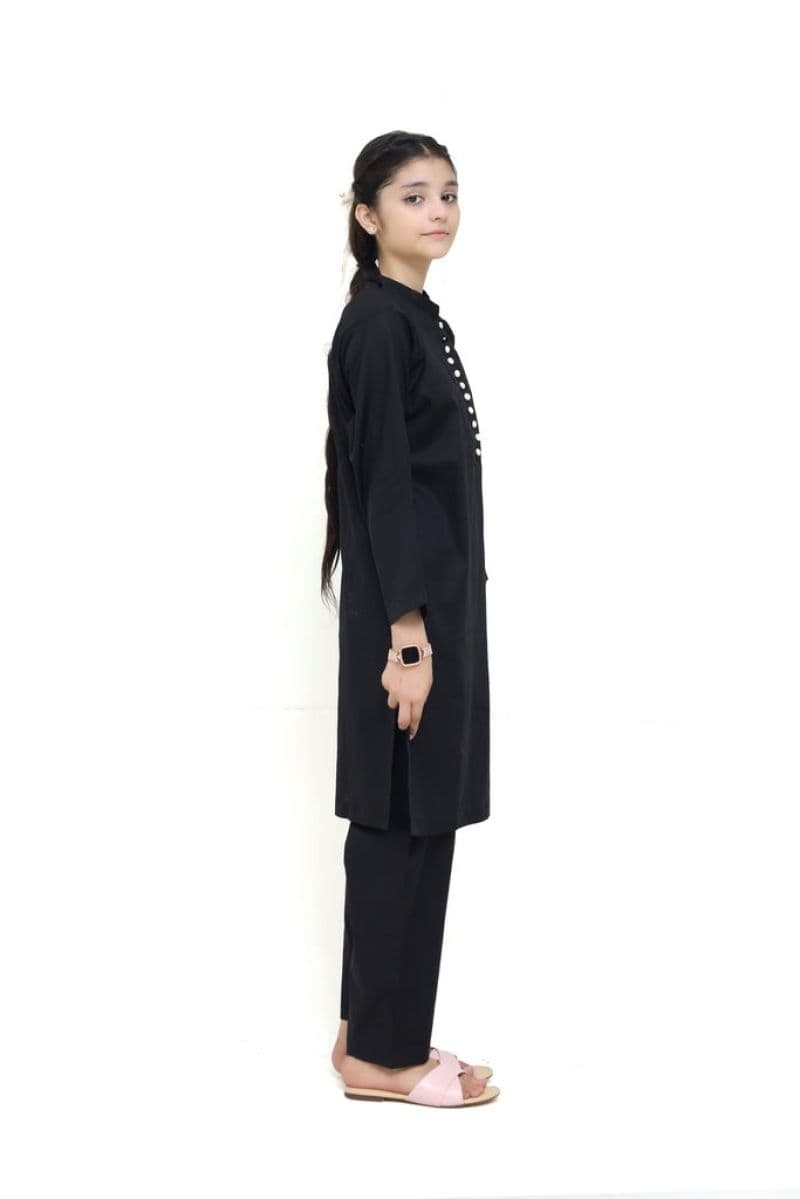 Plum 100% Lawn Black Colour with Beige buttons On 2 Pc stitched suit for Girls.
